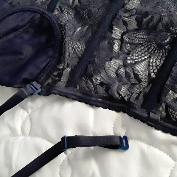 90s La Perla Bustier & Thong, Pleated (Plisse), Dark Navy, Sz 32 & 2  ITALY - Picture 6 of 16